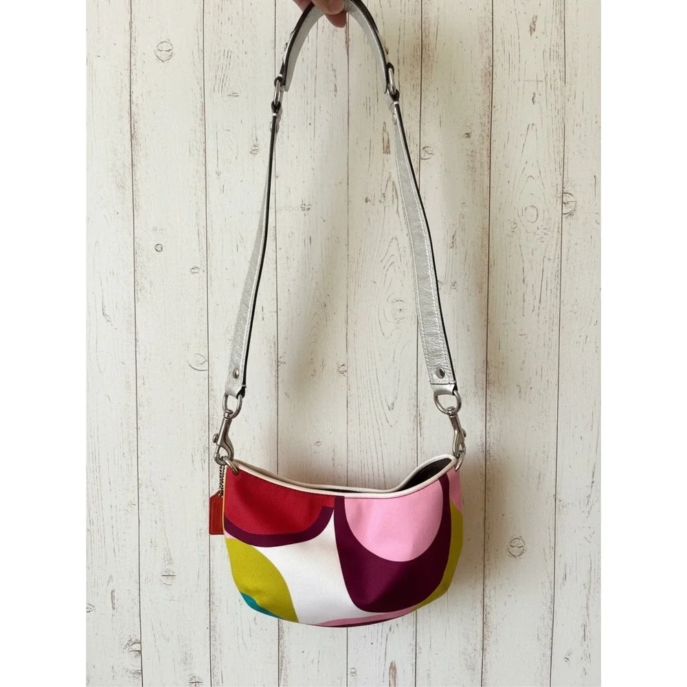 Coach Y2K Multicolor Abstract Print Shoulder Bag Silver Leather Strap Vintage